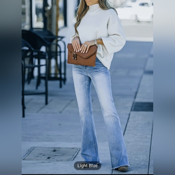 Women's Light Blue Mid Rise Slim Fit with Classic Flare Leg Raw Hem Denim Jeans - Picture 2 of 5